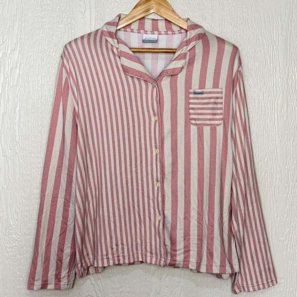 Columbia Sportswear Women XL Pink White Striped Button Up Pajama Top Sleep Shirt
